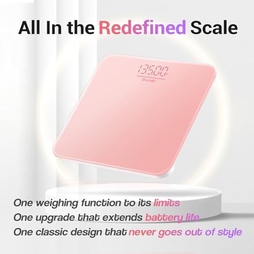 Ovutek Bathroom Scale for Body Weight, Highly Accurate Digital Weighing Machine for People, Upgraded Batteries Included, Compact Size, LED Display, High Standards Sturdy Tempered Glass, 400lb, Pink