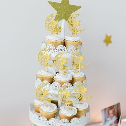 Rsstarxi 24 Pack Gold Glitter Moon and Star Cupcake Toppers Eid Mubarak Cupcake Toppers Ramadan Kareem Party Cupcake Picks for Eid Islamic Muslim Party Cake Decorations