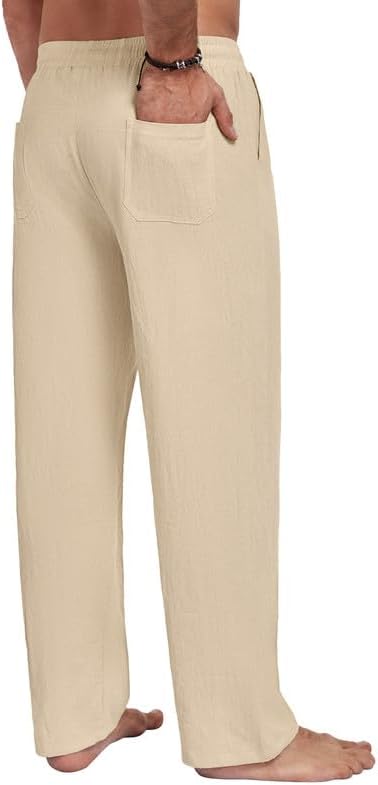 Men's Cotton Linen Pants Casual Summer Beach Pants Loose Fit with Elastic Waist Drawstring Yoga Trousers Slacks