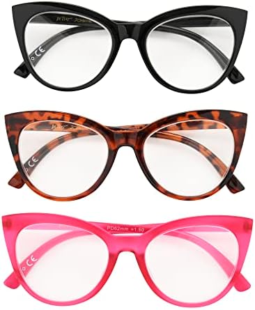 Betsey Johnson Women's Plaid 3 Pack Reading Glasses Cat Eye, Black, Tortoise, Magenta, 1.5X + 1.5