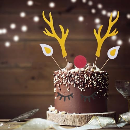 10 Sets Christmas Cake Toppers Reindeer Antlers Cupcake Toppers Set,Glitter Deer Antler Picks with Ears Nose Eyelashes, Paper Reindeer Cake Decor Gifts for Christmas Party Birthday Baby Shower