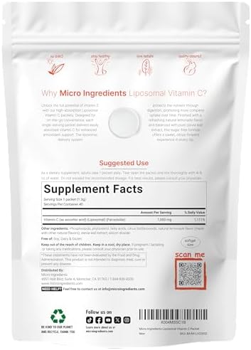 Micro Ingredients 1,000mg Vitamin C Powder for Daily Use | Liposomal Fat-Soluble Form for Better Absorption | Sugar-Free Lemonade Drink Mix | 40 Travel Packets, Fast-Dissolving