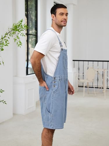 Men's Denim Overalls Cargo Jean Shorts Jumpsuit Loose Fit Work Bib Coveralls with Zipper