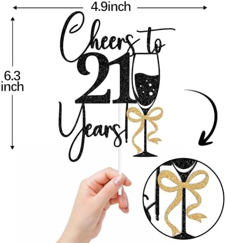 Black Glitter Cheers to 21 Years Cake Topper, Bowties Champagne Happy 21st birthday, 21st Birthday Party Decorations for Girls Women