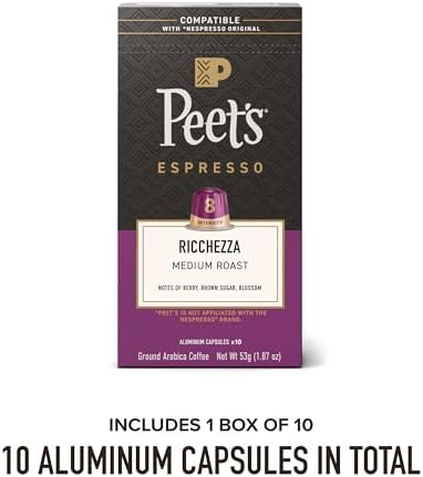 Peet's Coffee, Medium Roast Espresso Capsules, Compatible with Nespresso Original Machine, 100% Arabica Coffee - Ricchezza Intensity 8, 10 Count (1 Box of 10 Espresso Capsules)