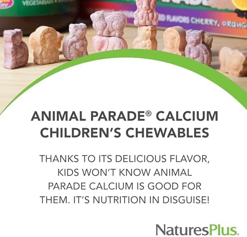 NaturesPlus Animal Parade Calcium, Vanilla Sundae Flavor - 135 Animal-Shaped Chewable Tablets - Vegan, Gluten Free - 45 Servings