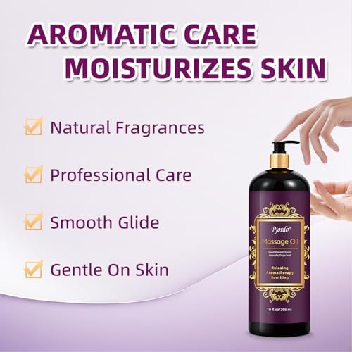 Pjordo Aromatherapy Lavender Massage Oil, 10 fl oz Relaxing Massage Oil for Massage Therapy with Grape Seed, Sweet Almond & Jojoba, Spa Quality Oils for Soothing, Calming