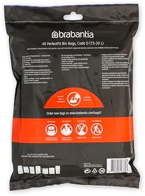 Brabantia PerfectFit Trash Bags (Size D/4.4-5.3 Gal) Thick Plastic Trash Can Liners with Drawstring Handles (40 Bags)