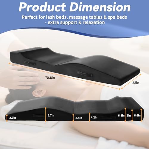 Lash Bed Topper, Ergonomic Curvy Massage Table Foam Topper, Non-Slip Esthetician Bed Cushion with Removable Washable Cover for Beauty Salon, Waxing/Eyelash/Spa/Tattoo/Facial, 71"×28"×7" (Black)