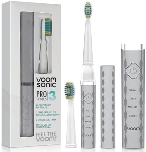 Voom Sonic Pro 3 Rechargeable Electric Toothbrush With Soft Dupont Nylon Bristles Dentist Recommended Portable Oral Care 2-Minute Timer 3 Adjustable Speeds Light Weight Design - Silver