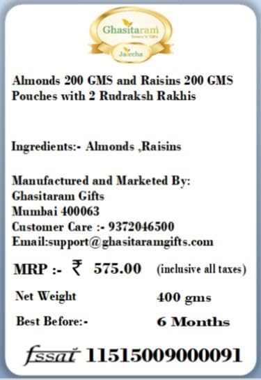 Jaiccha Ghasitaram Rakhi Gifts for Brothers Rakhi Dryfruits - Almonds 200 GMS and Raisins 200 GMS Pouches with 2 Rudraksh Rakhis