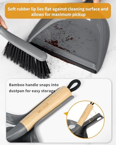 MR.SIGA Dustpan and Brush Set, Portable Cleaning Brush and Dustpan Combo with Bamboo Handle, Gray, 1 Set