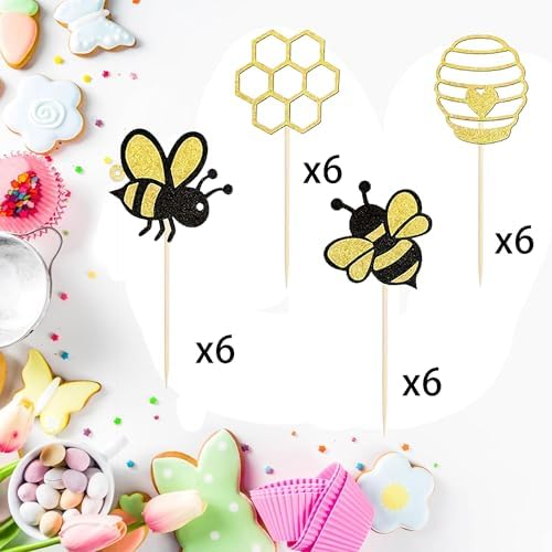 24 Pcs Bumble Bee Cupcake Toppers, Glitter Heart Honeycomb Bee Cupcake Decorations for Bee Theme Party Baby Shower Bee Cake Decoration