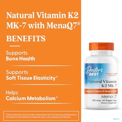 Doctor's Best Natural Vitamin K2 MK7 Supplement for Men & Women - Bone Health Support, 100 mcg Vitamin K-2 MK-7 Capsules with MenaQ7, Calcium Support, Non GMO, Vegan - 60 Veg Caps