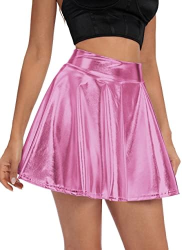 Urban CoCo Women's Shiny Flared Pleated Mini Skater Skirt