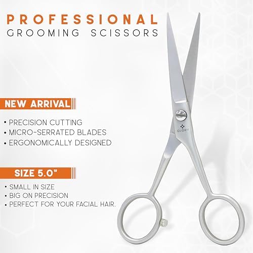 GLORY 5 Inch Professional Beard and Mustache Scissors, Premium Stainless Steel Facial Hair Trimming Scissors - Sharp Serrated Edge Grooming Shears for Men, Precision Mustache & Beard Trimming Scissor