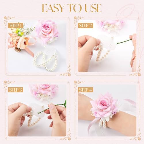 HIONXMGA Corsage Wristlet Band Elastic Pearl Wrist Corsage Bracelets Bands for Women, Stretch Pearl DIY Handmade Prom Flower Supplies Accessories for Wedding Graduation Party