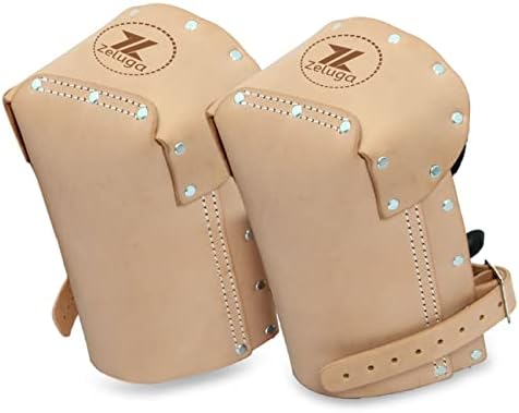 Zeluga Non-slip Kneepads with Adjustable Straps, Safety Leather Knee Pads with Dense Padding Protection, Double Thick Lining (Tan)