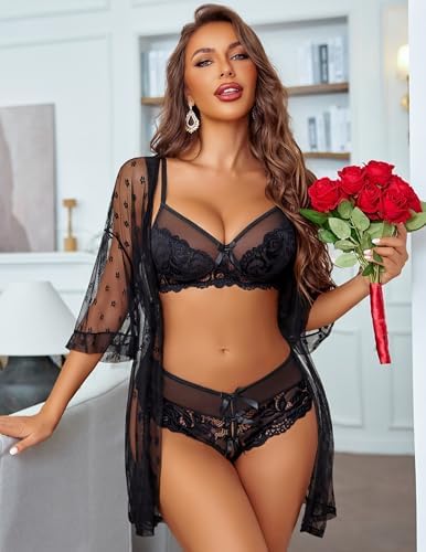 Avidlove Women Sexy Lingerie Set 3 Piece Lace Kimono Robe with Bra and Panty Nightgown Sleepwear