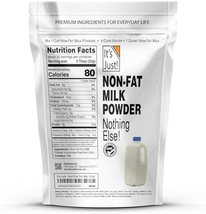 It's Just - Powdered Non-Fat (Skim) Milk, rBST/rBGH Hormone Free, Shelf Stable, Just Add Water, Makes Over 1.5 Gallon Milk, 2 Pound Milk Powder