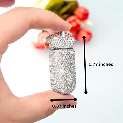 Yuchew Bling Pill Case Pill Container Rhinestone Pill Box Portable Waterproof Pocket Pill Holder Storage Bottle with Keychain for Travel, Outdoor, Camping (Silver)