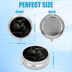 Pill Box, 3 Compartments Small Pill Case Travel Portable Metal Medicine Box with Mirror Mini Container for Purse Pocket Women Men(Black Cat)