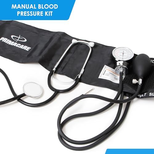PrimaCare Medical DS-9197-BK Professional Classic Series Manual Adult Size Blood Pressure Kit, Emergency Bp kit with Stethoscope and Portable Leatherette Case, Nylon Cuff, Black