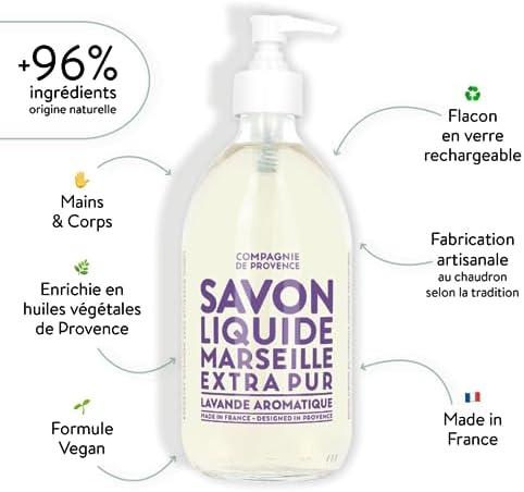 Compagnie de Provence Savon de Marseille Extra Pure Liquid Soap - Aromatic Lavender - 16.7 Fl Oz Glass Pump Bottle