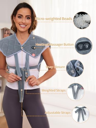 Vofuoti Heating Pad for Neck and Shoulders, Portable Cordless Heating Pad with Massager and Battery, Weighted Electric Heated Neck Shoulder Wrap, 16'' x 22'', 2.2lbs-Gray