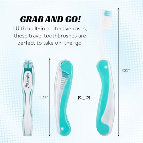 Lingito Travel Toothbrushes - Medium, Mini with Cover, Camping, Folding Travel Size, Adults Kit (4 Pack)