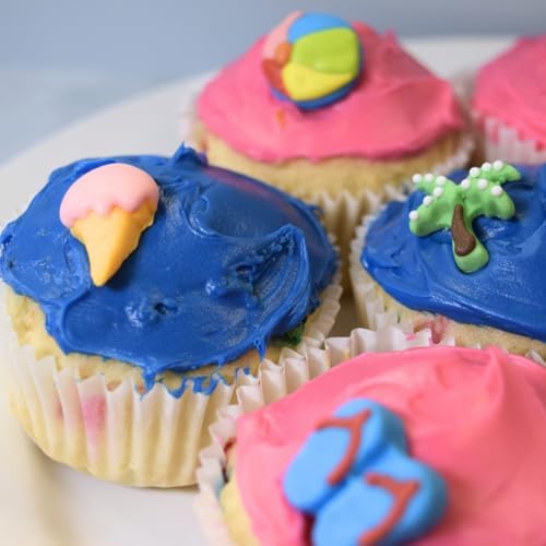 Oasis Supply Edible Beach Cake/Cupcake Toppers – 15 Ct Royal Icing Set with Ice Cream, Palm Trees, Sandals & Beach Balls
