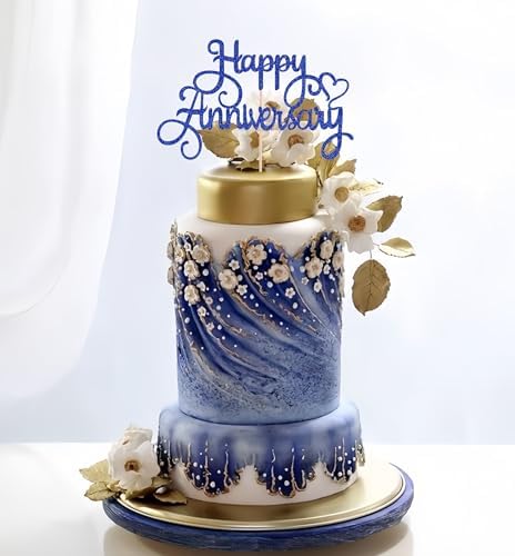 Happy Anniversary Cake Topper - Royal Blue Glitter Happy Anniversary Cake Decorations Supplies - Happy Birthday Cake Bunting Decor, for Photo Booth Props
