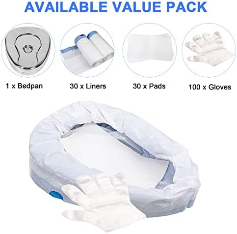 Stainless Steel Bed Pan for Elderly Females Heavy Duty Bedpan Set with 30 Liners Disposable and Super Absorbent Pads Thick Large Bed Pans with Lid for Men Women Home Use