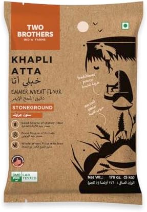 Two Brothers Organic Farms - Khapli Wheat Flour (5kg) | Low-Gluten Wheat Flour | High Dietary Fiber for Easy Digestion | Stoneground Emmer | Khapli Atta | Organic Atta (Pack of 1 kg x 5)