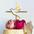 Gold Cross Dove Cake Topper, Mirror Acrylic Cake Side Decoration for Baptism, Christening, Holy Communion, Religious Celebration Baby Shower Cake Charm Party Supplies (Gold)
