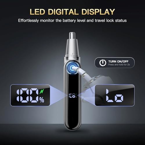 coldSky Ear & Nose Hair Trimmer with LED Display for Men Women - Professional Painless Eyebrow & Facial & Nose Hair Trimmer, USB Rechargeable, Dual-Edge Blades for Smoother Cutting Sliver
