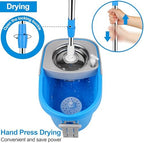 Spin Mop and Bucket with Wringer Set, 3 Washable Microfiber Pads Included for Floor Cleaning, Adjustable Stainless Steel Handle, Easy Moving with Wheels, Blue