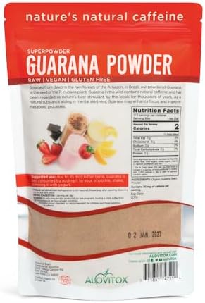 Alovitox Organic Guarana Seed Powder | Raw Guarana Seed Extract, Vegan, Non-GMO & Gluten-Free (Superfood, 65mg of Natural Caffeine per Serving) 8oz/113 Servings