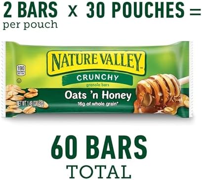 Nature Valley Crunchy Oats 'n Honey Granola Bars, 60 Bars, 44.7 OZ (30 Pouches)