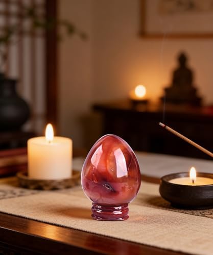 AMOYSTONE Natural Red Agate Egg with Wood Stand - Palm Stone for Grounding & Emotional Balance, Gift for Meditation Practice (1.9-2.3",5.0oz Each)