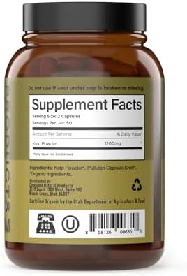 Complete Natural Products Organic Icelandic Sea Kelp Capsules - Pure 600mg Capsules, 100 Pills, Raw Seaweed & Thyroid Support Supplement