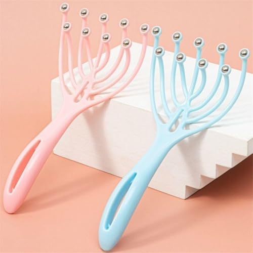 Head Massager Scalp Neck Comb – 1PC Handheld Relaxation Tool with 5 Fingers, 9 Claws & Steel Balls for Stress Relief & Hair Care-Claw Pink