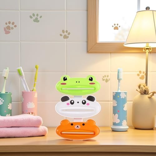 3 Pieces Multicolour Toothpaste Tube Squeezer, Cute Animal Bear Frog Panda Toothpaste Tube Squeezer,Plastic Tube Squeezer Holder Toothpaste Clips Holders and Dispensers