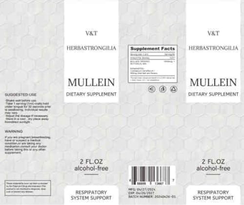 V&T Herbastrongilia .Mullein Leaf. Tincture Drops. 2fl oz. Alcohol Free. Liquid Extract. Vegan. Non - GMO & GMO Free. Herbal Supplement. Organic. Lung Cleanse.Immune, Respiratory Support. Detox
