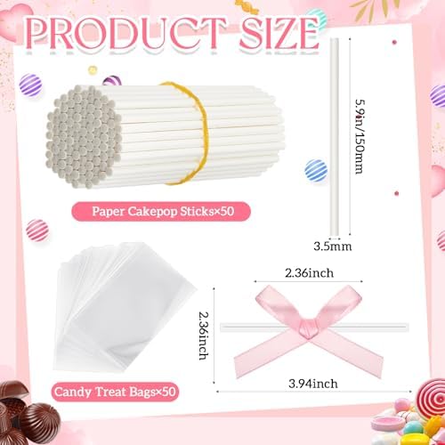 Honoson 50 Sets Cake Pop Sticks and Wrappers Kit with Clear Cake Pop Bags, 6 Inch Paper Lollipop Sticks and Bows for Cakepops, Candy and Chocolate, Mother's Day, Wedding and Party Favors (Pink)