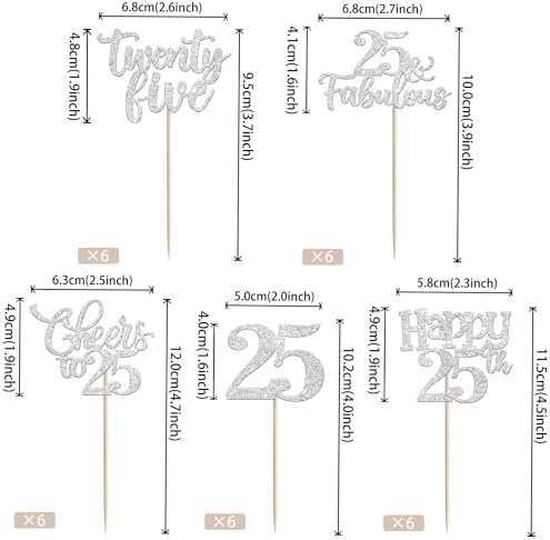 30 PCS Happy 25th Birthday Cupcake Toppers Glitter Twenty Five Hello 25 Cheers to 25 Fabulous Cupcake Picks for Happy 25th Birthday Anniversary Party Cake Decorations Supplies Silver