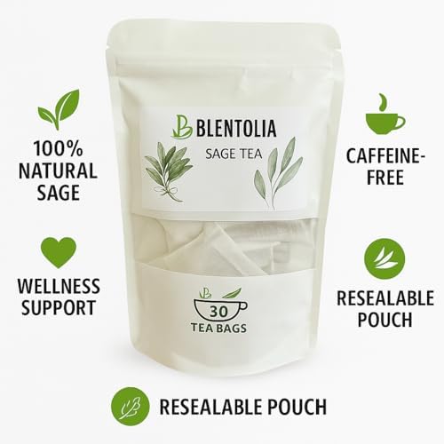 Blentolia Sage Tea | 100% Natural Herbal Infusion | Soothing & Aromatic | Caffeine-Free Wellness Tea – 30 Tea Bags Resealable Pouch