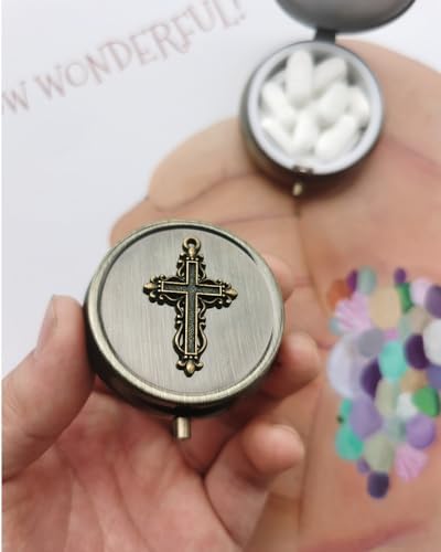 Portable Travel Pill Organizer - Gift Box Package Pill Case, Bronze Decorative Metal Medicine Box Pill Holder, Small Pocket Pill Case for Purse, Storage Vitamin Or Medicine, Pill Dispenser