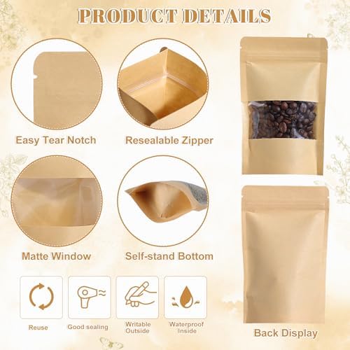 WSICSE 100 Pcs Kraft Paper Stand Up Pouch Bags with Window, Resealable Self-sealing Tear Notch Food Storage Bags for Small Business Home Use (4" x 6")