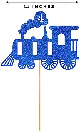 Blue Train 4th Birthday Cake Topper, Blue Glitter Boy Girl 4 Years Birthday Party Decoration